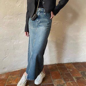 Distressed Washed Slit Denim Midi Skirt SIZE S